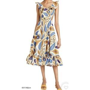 SIKA Sz 12 UK 8 US Blue Tan Floral Leaf Print Ruffle Midi Dress